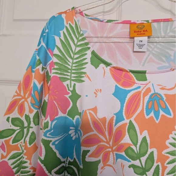 Ruby Rd Floral Shirt Womens Size 2X Green Colorful Tropical Stretch Waist Tie - Picture 3 of 10